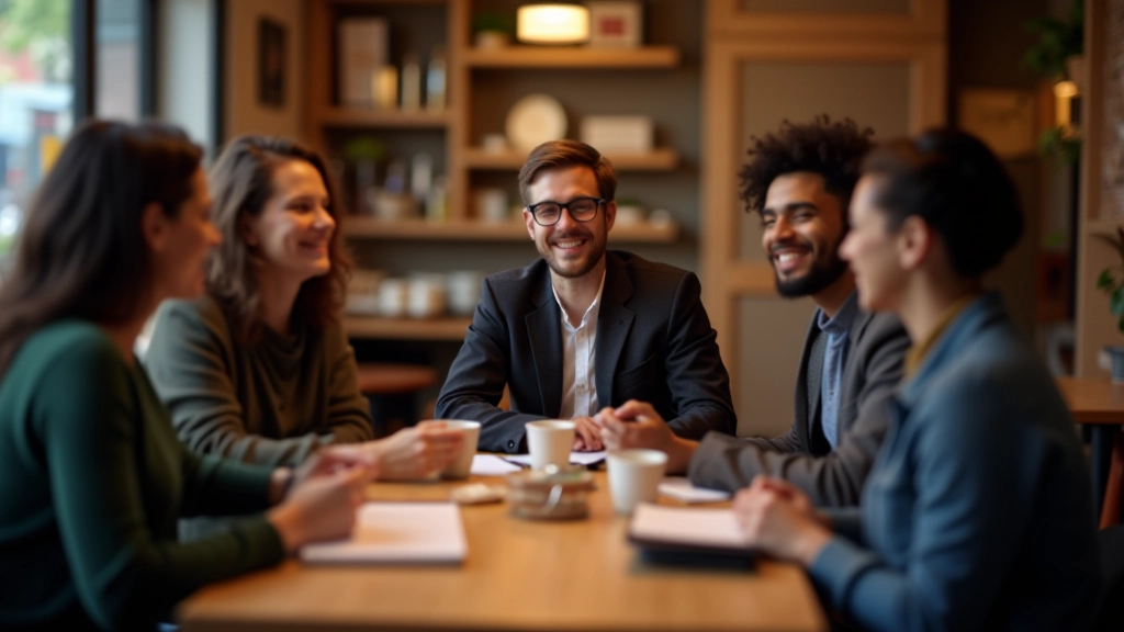 Groep diverse mensen in Utrecht stadscafé zittend aan tafel met kopjes en notitieboeken, gezellige sfeer