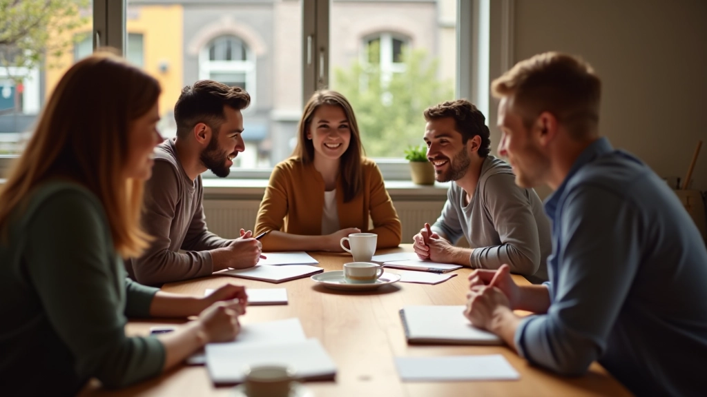 Groep makers en creatieven die samen rond tafel zitten, brainstormen en ideeën delen, diverse groep, warm daglicht, inspirerend