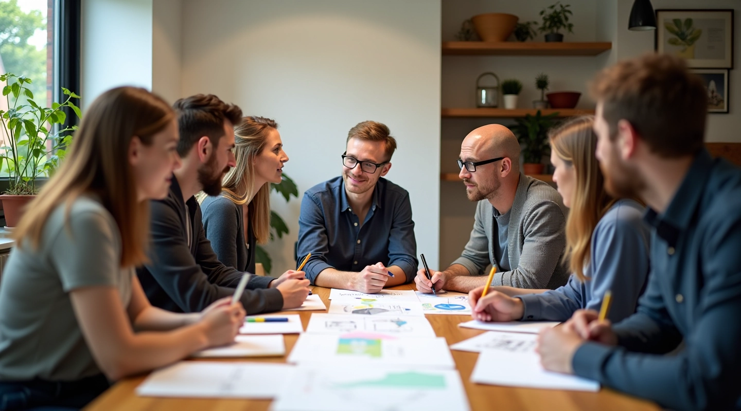 Groep creatieve mensen in brainstorm sessie rond tafel met notities en ideeën