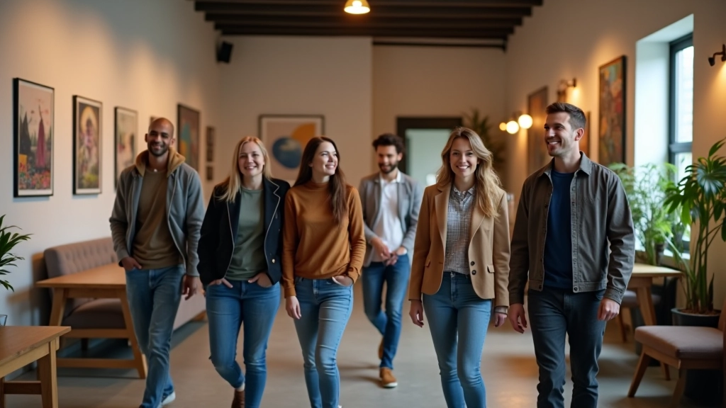 Diverse groep mensen loopt door een creatieve ruimte met kunstwerken aan de muren