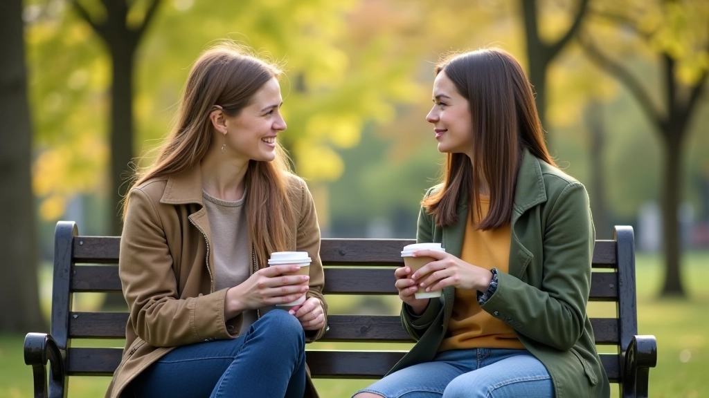 Twee mensen zittend in Utrecht park op bankje, in diep gesprek met kopjes drinken