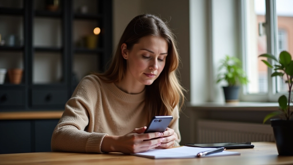 Vrouw aan bureau die op haar telefoon naar sociale media schermen kijkt met geopende notitieblok naast zich, natuurlijk daglicht, scherpgesteld